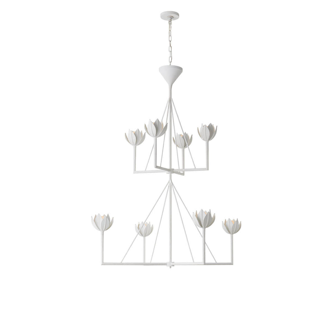 Alberto Two Tier Chandelier is a two-tired statement light with eight, flower-shaped lights in a plaster white finish.