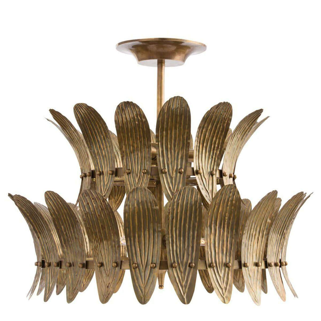 Troy Two Tier Chandelier. Vintage inspired office chandelier with an antique brass finish and curved plate details.