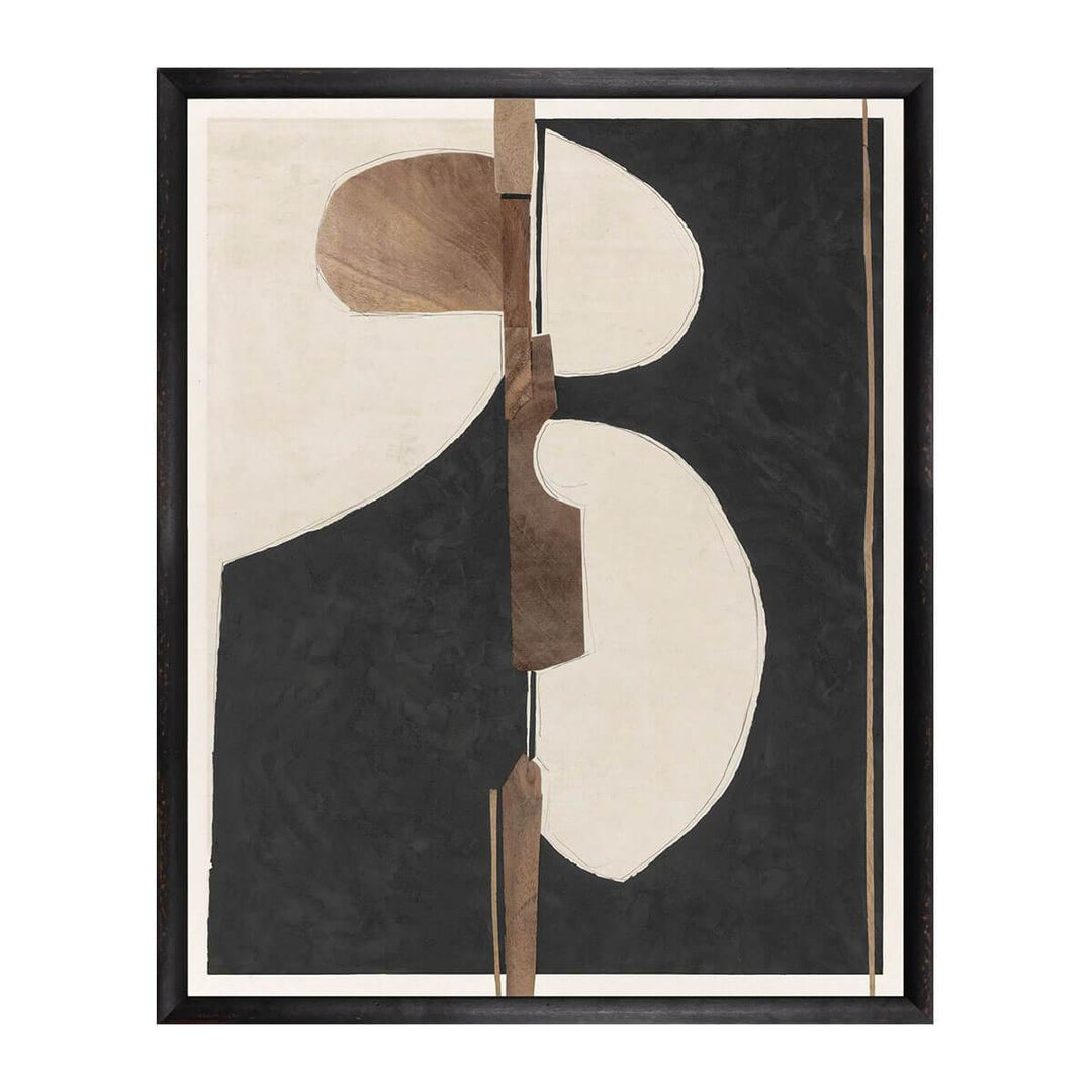 Seeking Balance is a mid century abstract painting with contrasting black and taupe by artist Gayle Harismowich.