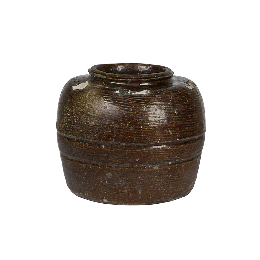 Brown ceramic glazed aged Chinese vintage bean pot.