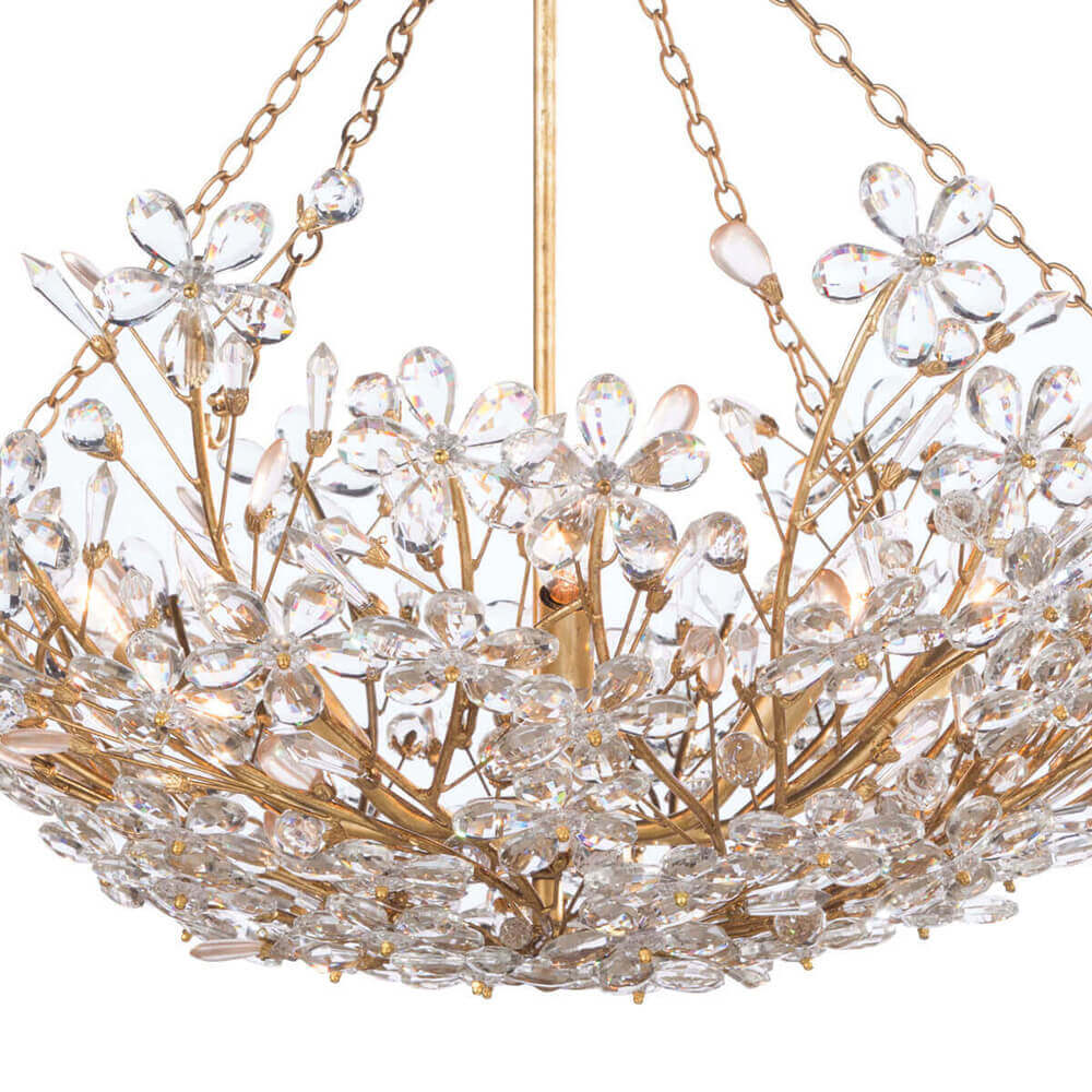 Flower and crystal details on the Sakura Basin Chandelier. Beaded chandelier with a gold basin frame and flower crystals.