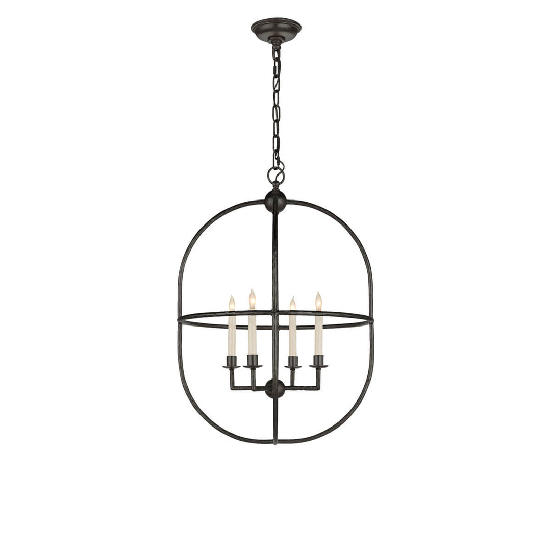 The Desmond Open Oval Lantern has a double, oval frame and chain attachment in an aged iron finish and a four candle, candelabra light.