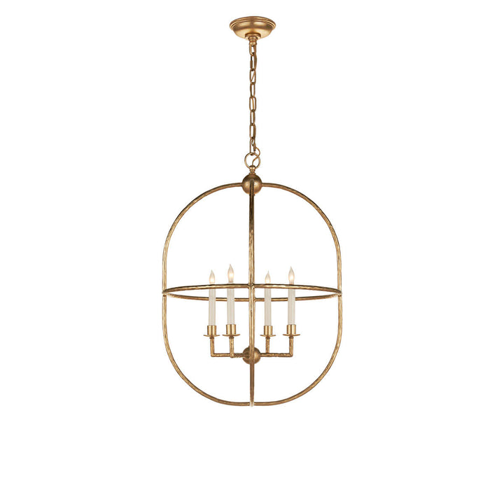 The Desmond Open Oval Lantern has a double, oval frame and chain attachment in a gild finish and a four candle, candelabra light.