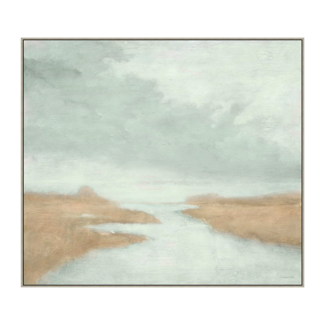 Artwork with blue-grey and beige tones. River flowing into horizon with distant hills.