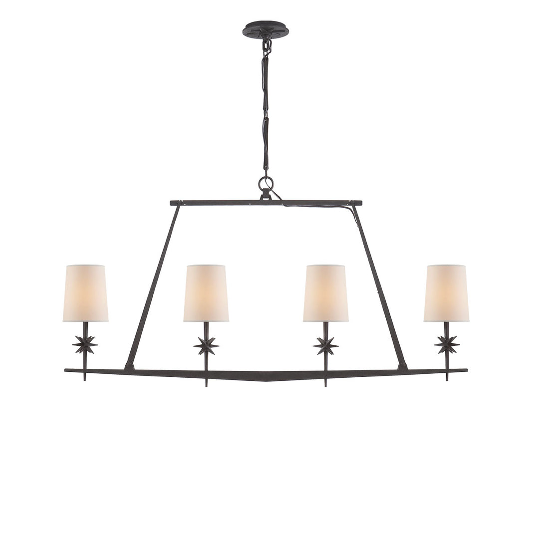 The Etoile Linear Chandelier has a black linear frame with four small lights with natural paper shades and small star detail.