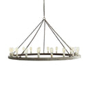 Large dining room pendant light with wooden ring and evenly spaced bulbs with a medieval look.