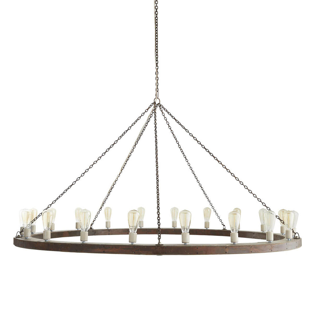 Oversized dining room pendant with wooden ring and evenly spaced bulbs with a medieval look.
