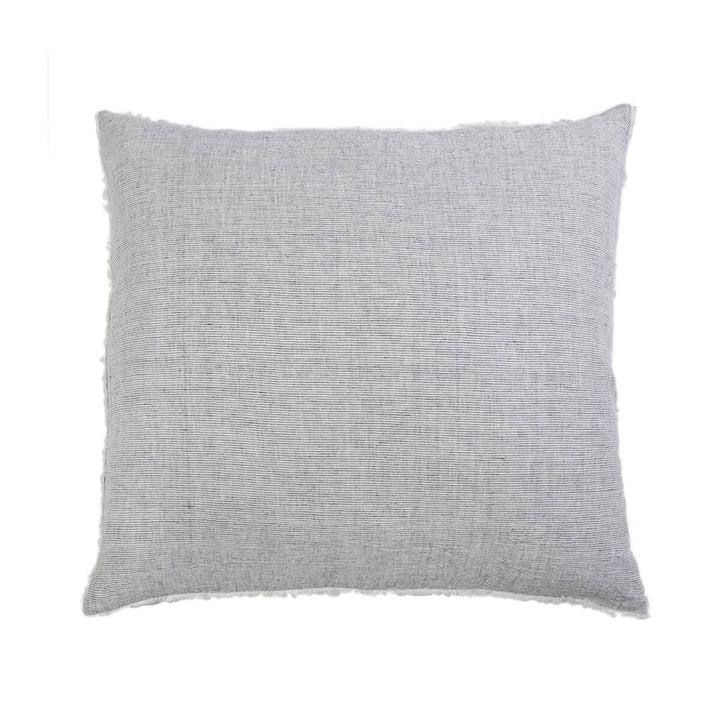 Navy linen square pillow sham with frayed edge details.