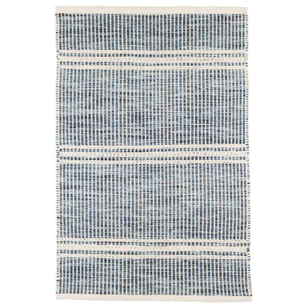Valletta Blue Rug. Blue and white fade resistant flatweave rug.
