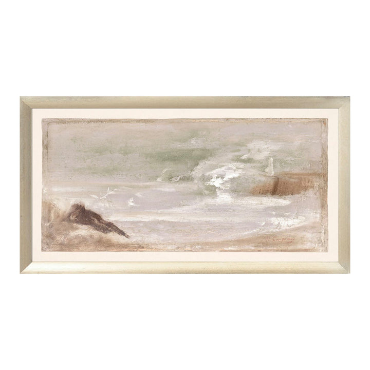 A soft-toned historic piece of a seascape representation, painted in a blend of vibrant pastel colours. 