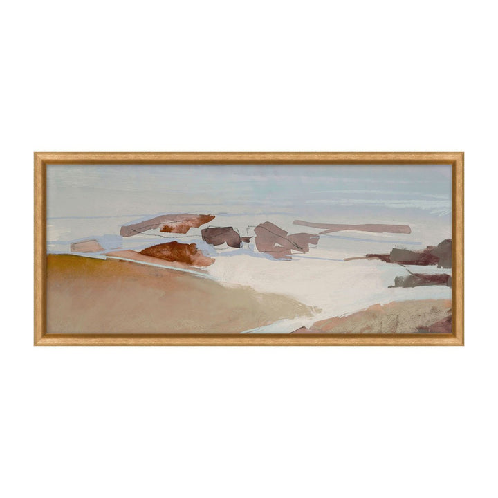 Small sized seashore painting with abstract style in a neutral palette and gold frame.