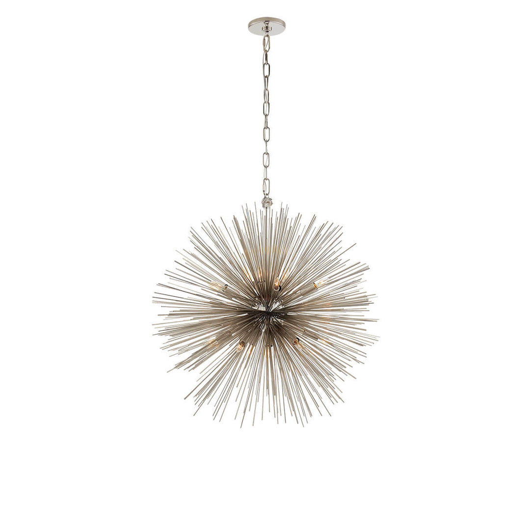 The Strada Round Chandelier has twenty small lights hidden within the polished nickel metal spike arms on the round starburst pendant.