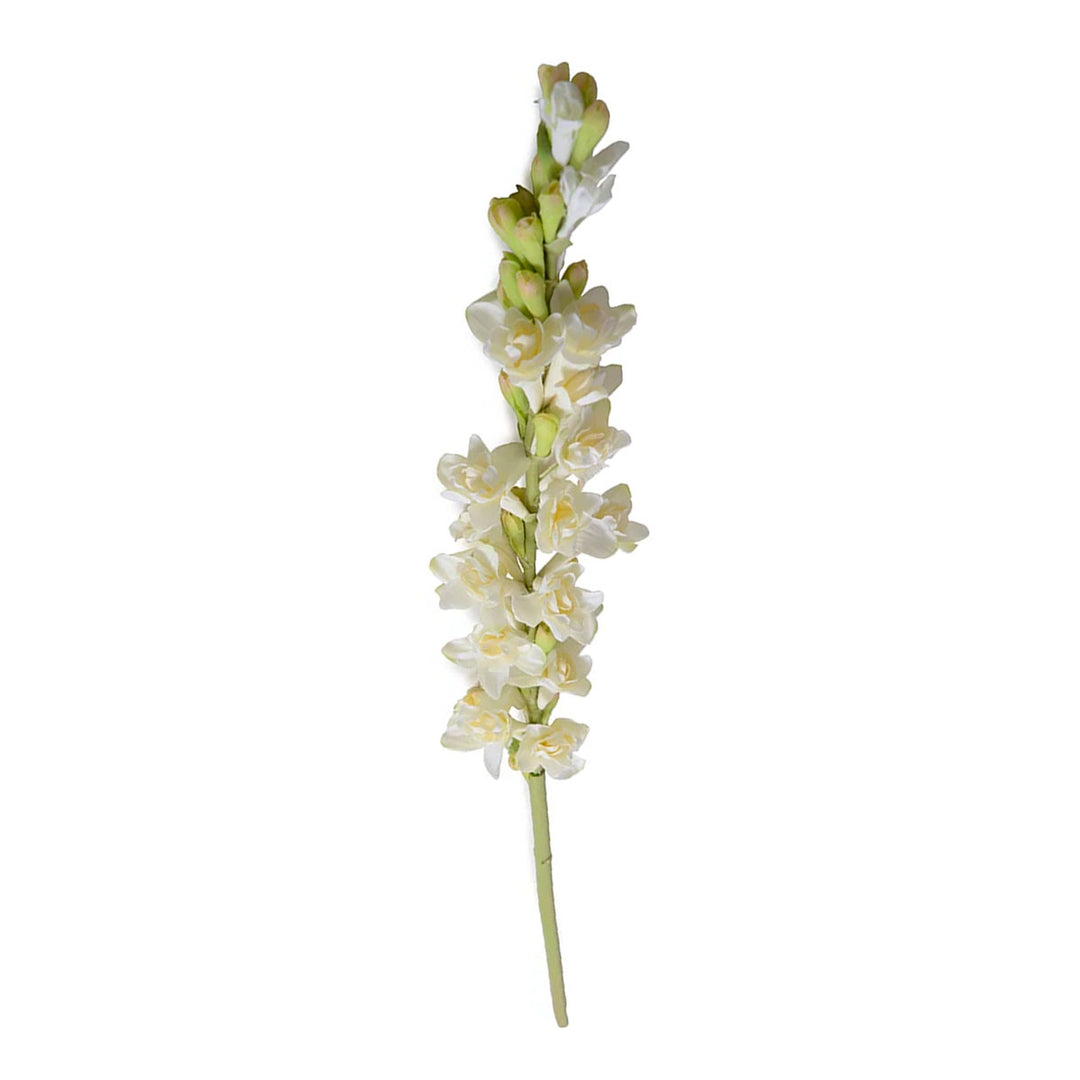 Ultra lifelike Tuberose Stem fully flowered with creamy white flowers and bright green buds. 