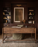 customized home office with dark wood furniture.