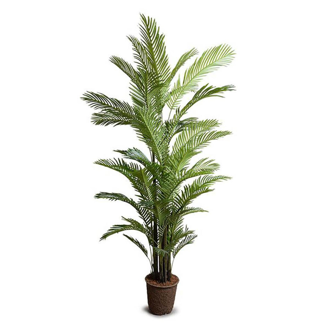 Medium size fake tropical plant with dark green leaves.
