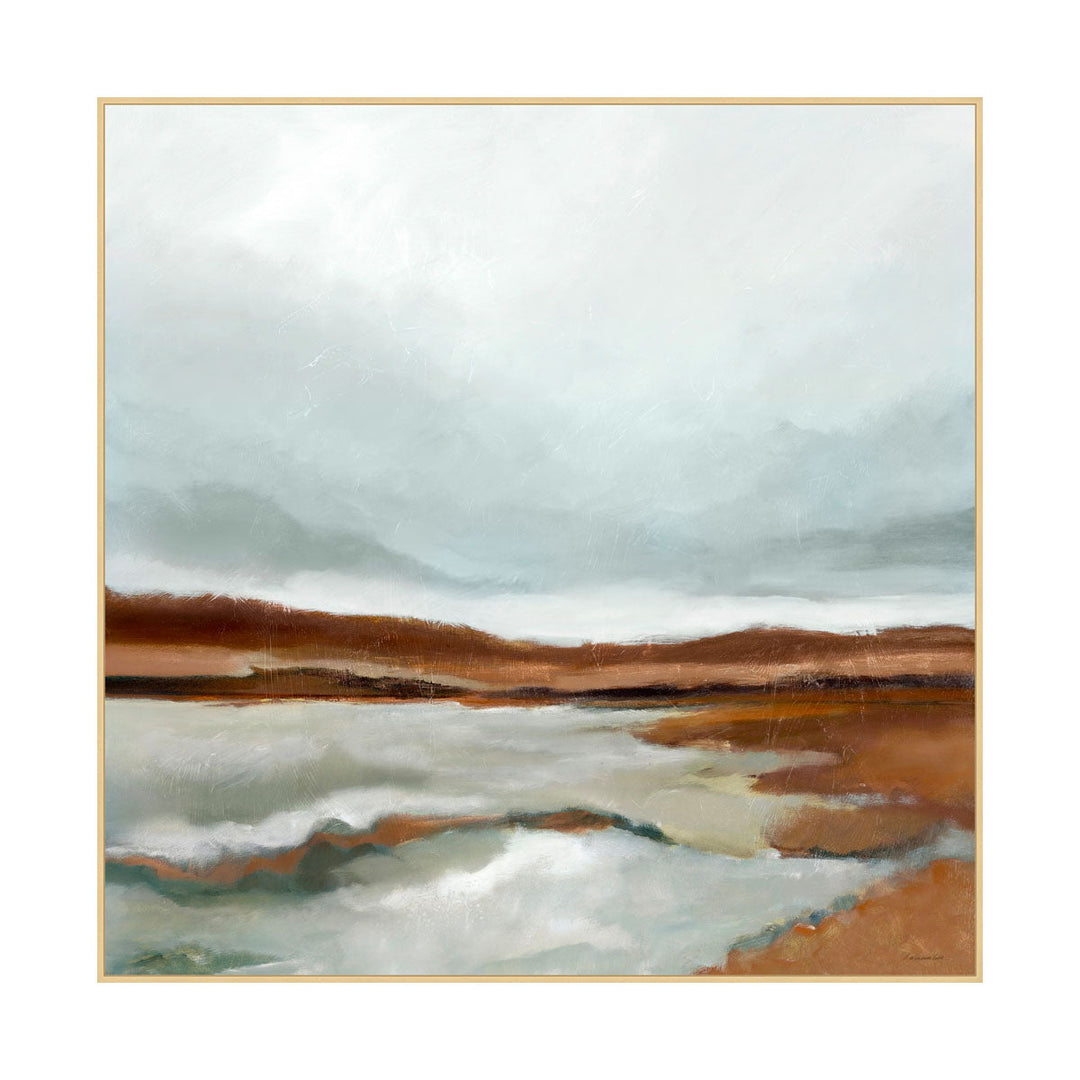 A painting of a whimsical marsh. Mix of light blues and greys with deep velvety browns create this nature scene.