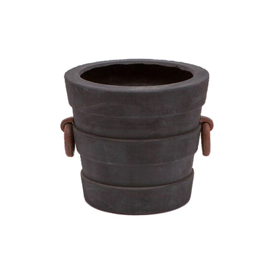 A stone pot perfect for decor inside or outdoors. Made of reconstituted stone and finished in black. This pot is available in two sizes, this image shows the small.