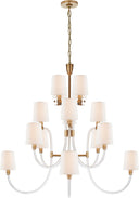 Clarice Large Chandelier | Clear Acrylic and Antique-Burnished Brass | Linen Shades