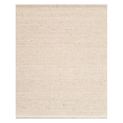 Soft, textural, oatmeal coloured rug with soft striped motifs around the ends and a minimalist appearance.