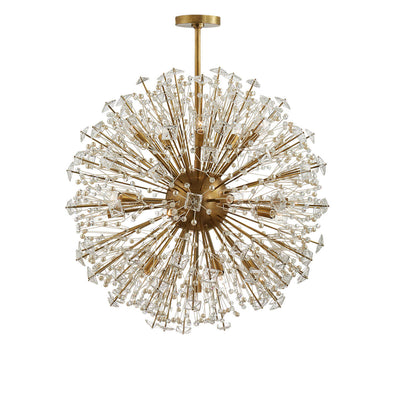 The Dickinson Large Chandelier is a glass, starburst chandelier made up of clear glass, cream pearls and a soft brass frame.