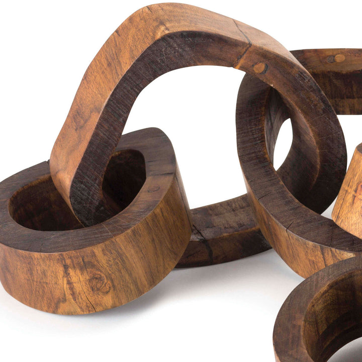 Close up image of textural wooden links made of natural acacia wood.