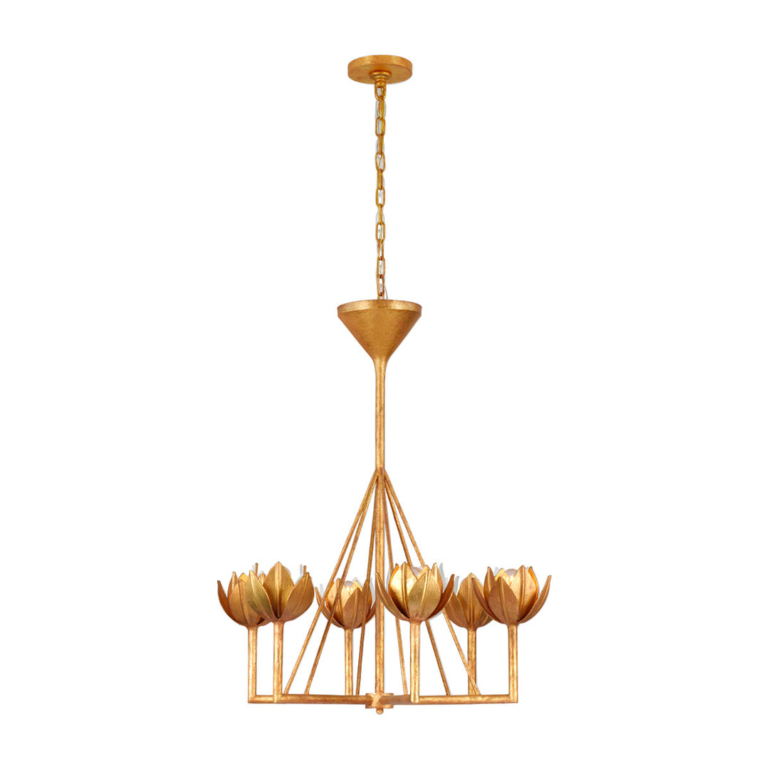 A small antique-style chandelier with six blooming flowers around the light bulbs. Finished in a glamorous antique gold leaf.