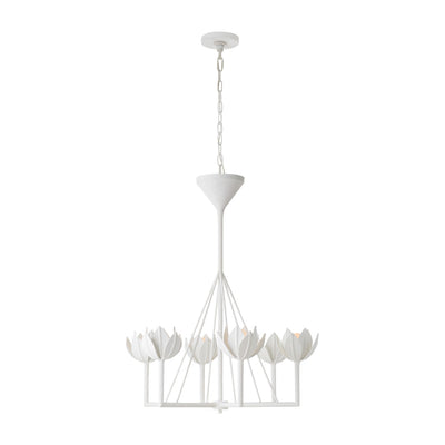 A small chandelier with six blooming flowers around the light bulbs. Finished in a plaster white.