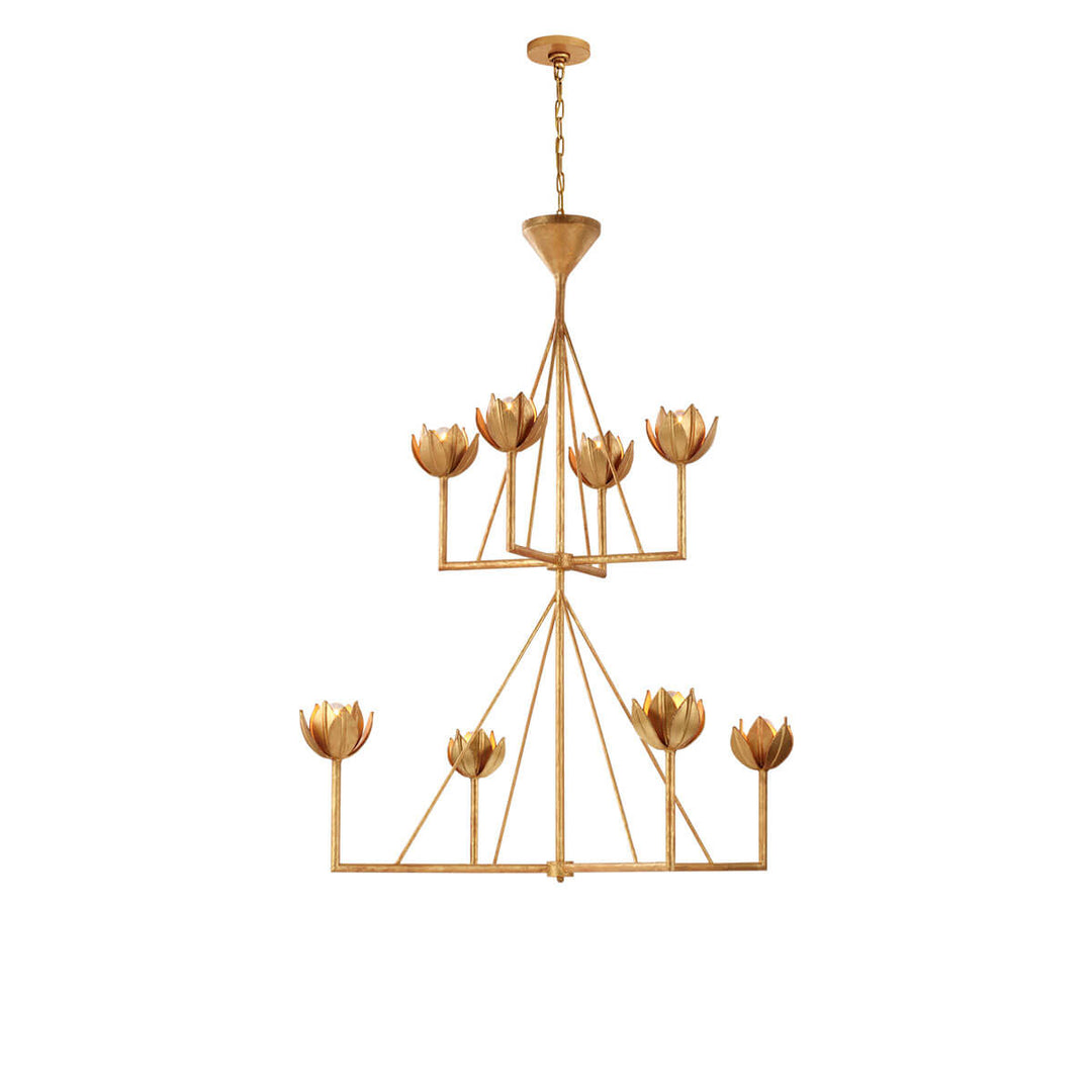 Alberto Two Tier Chandelier is a two-tired statement light with eight, flower-shaped lights in an antique gold leaf finish.