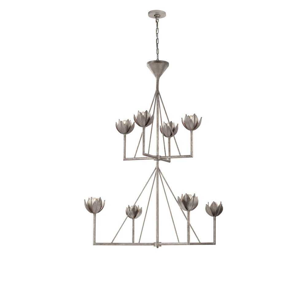 Alberto Two Tier Chandelier is a two-tired statement light with eight, flower-shaped lights in a burnished silver leaf finish.
