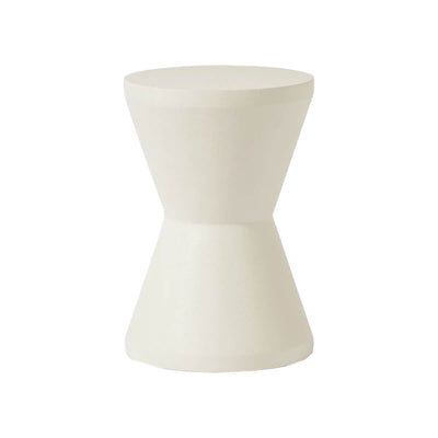 The Salerno Stool in a white faux Belgian linen finish with an hourglass shape.