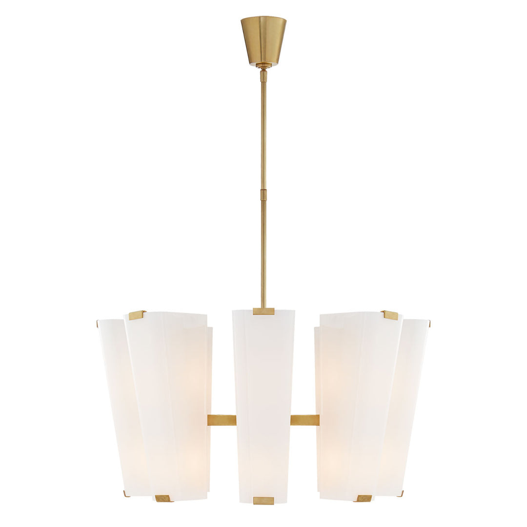 The Alpine Medium Chandelier is has 16 candelabra bulbs with white glass shades and hand-rubbed, antique brass hardware.