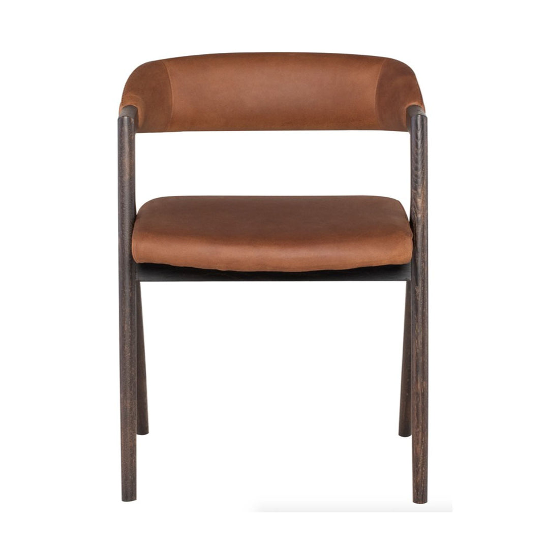 A seared oak dining chair that has a comfortable cushioned back and seat which is covered in a rich cognac leather.