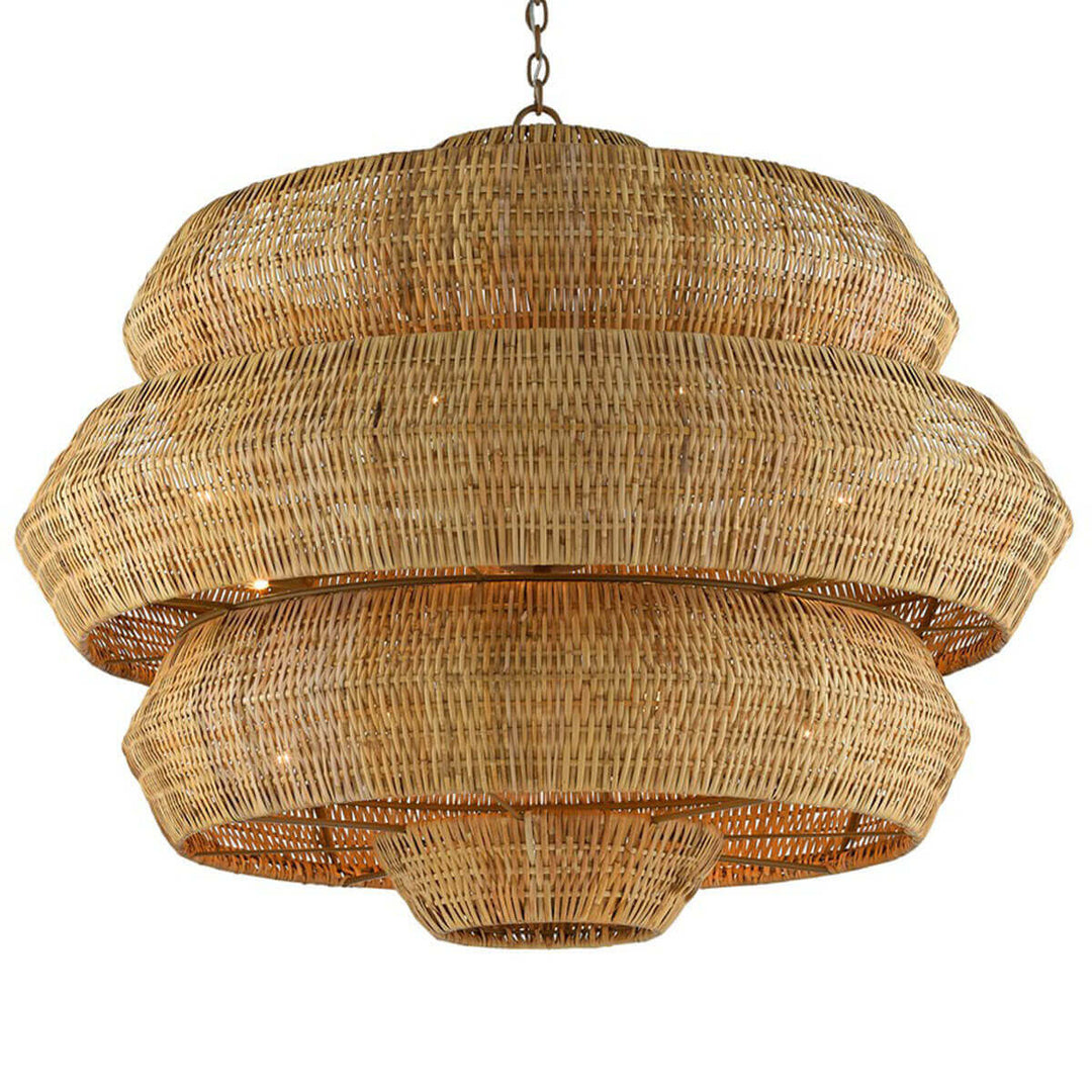 Details of the Cannes Grande Chandelier with natural rattan and wrought iron and an island style look.