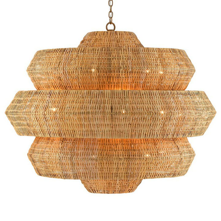 Geometric statement chandelier with a wrought iron frame and hand woven natural rattan.