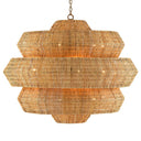 Geometric statement chandelier with a wrought iron frame and hand woven natural rattan.