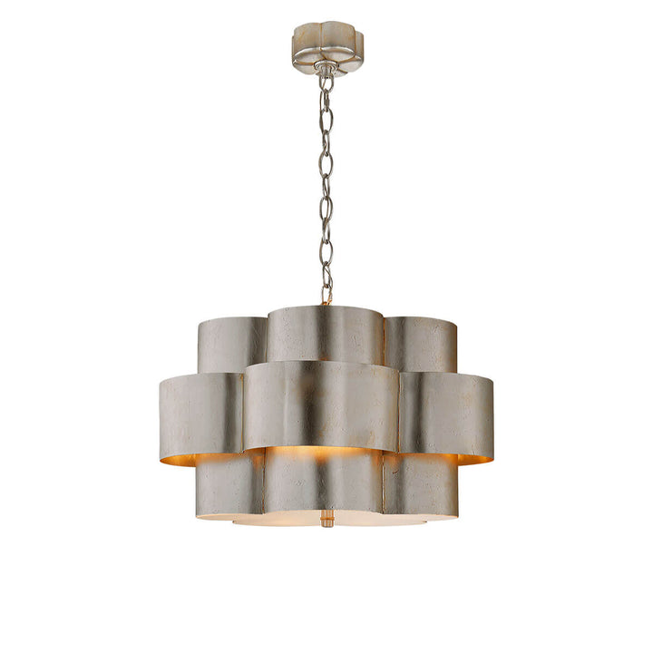 The Arabelle Hanging Shade has a flower-like, burnished silver leaf metal shade with five enclosed lights and a chain attachment.