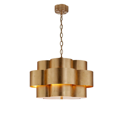 Arabelle Hanging Shade has a flower-like, gild leaf metal shade with five enclosed lights and a chain attachment.