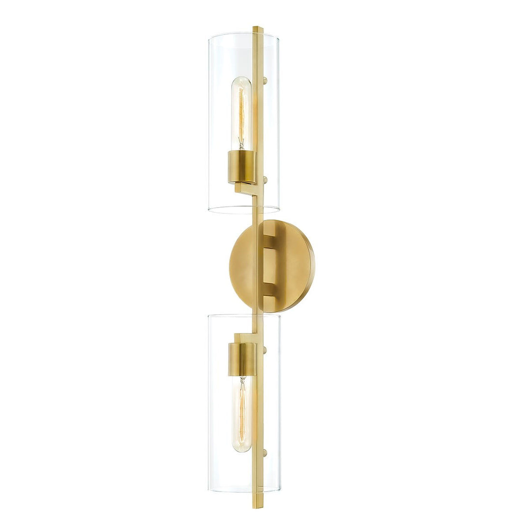 Aged brass double sconce with beaded cylinder glass. Vertical bathroom light.