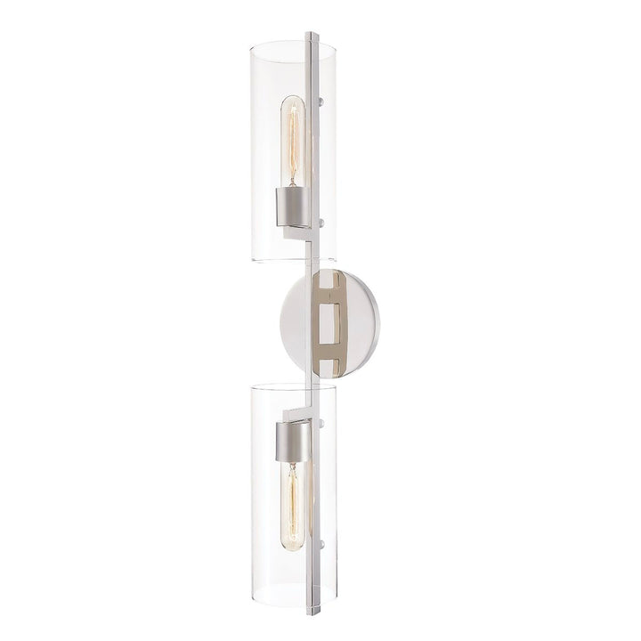 Polished nickel double sconce with beaded cylinder glass. Vertical bathroom light.