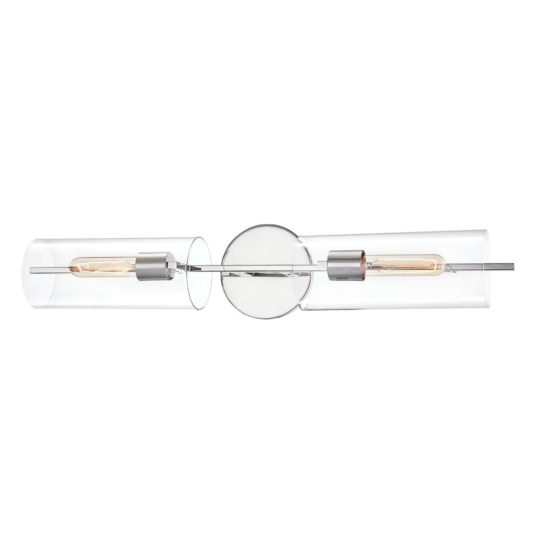 Polished nickel double sconce with beaded cylinder glass. Horizontal bathroom vanity light.