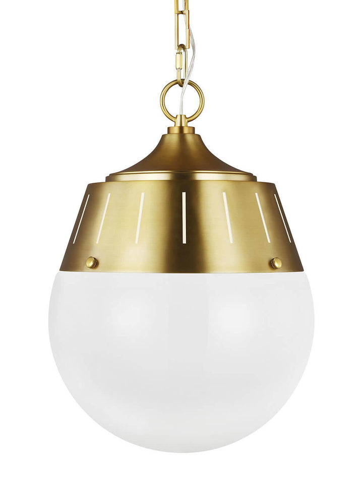 Glass globe dining room pendant light with a burnished brass finish.