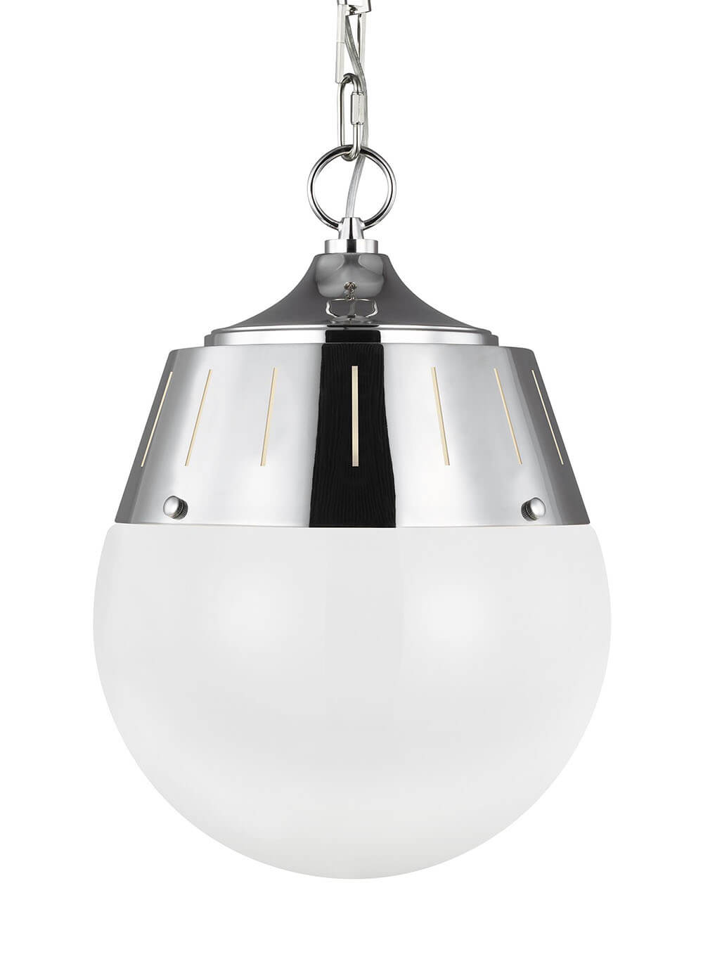 Glass globe dining room pendant light with a polished nickel finish.