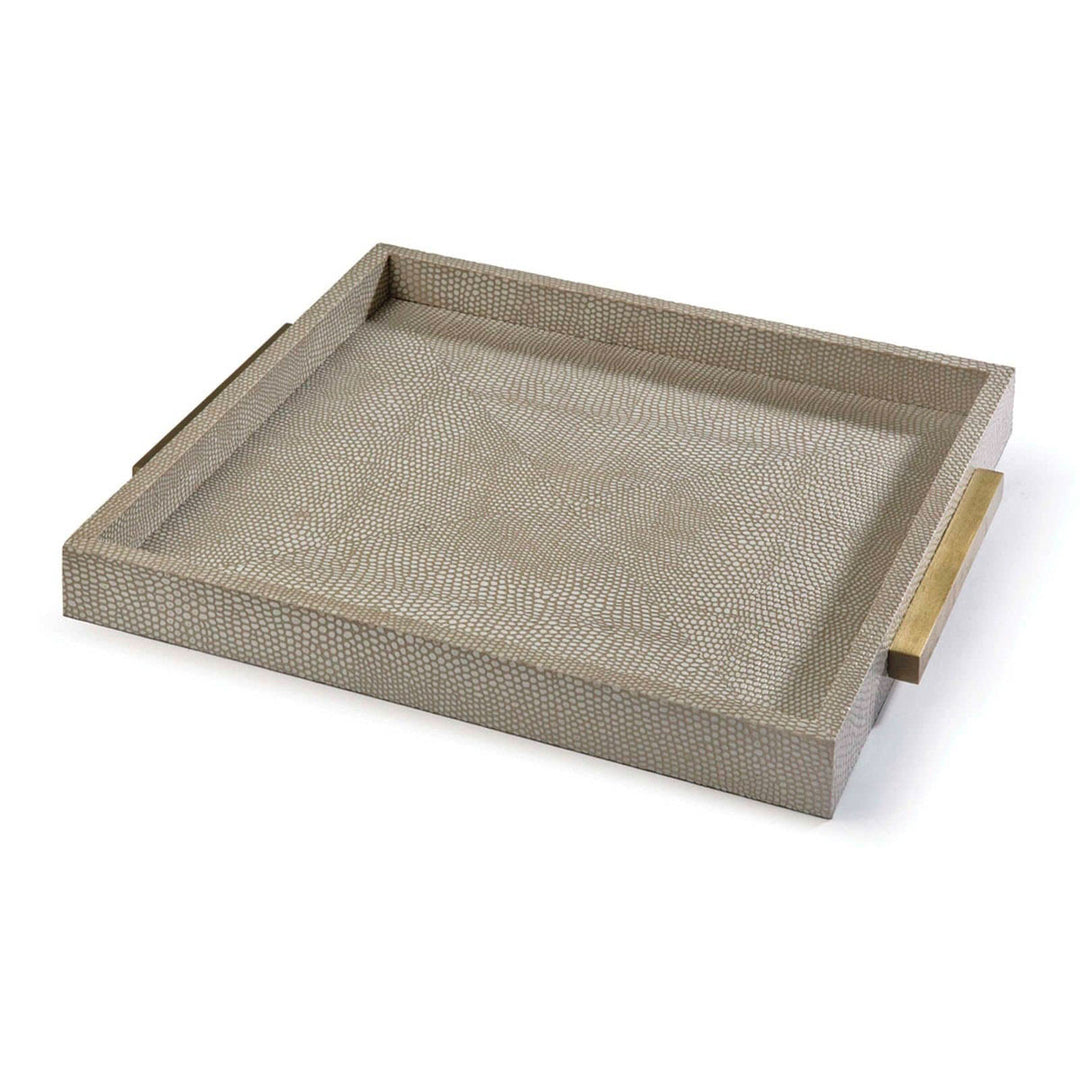This grey shagreen tray is perfect for decorating a coffee table. The weathered brass hardware adds a glamorous touch to this piece.