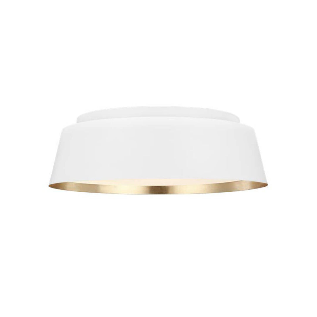Providence Flush Mount in matte white. Modern, minimalist flush mount light with gold details.