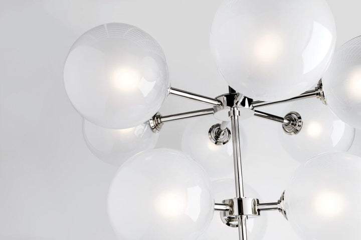 Closeup of the Chamonix Semi Flush in polished nickel with glass globes.