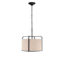 The Aspen Hanging Shade has natural paper cylindrical shade with blacked rust metal frame and chain attachment.
