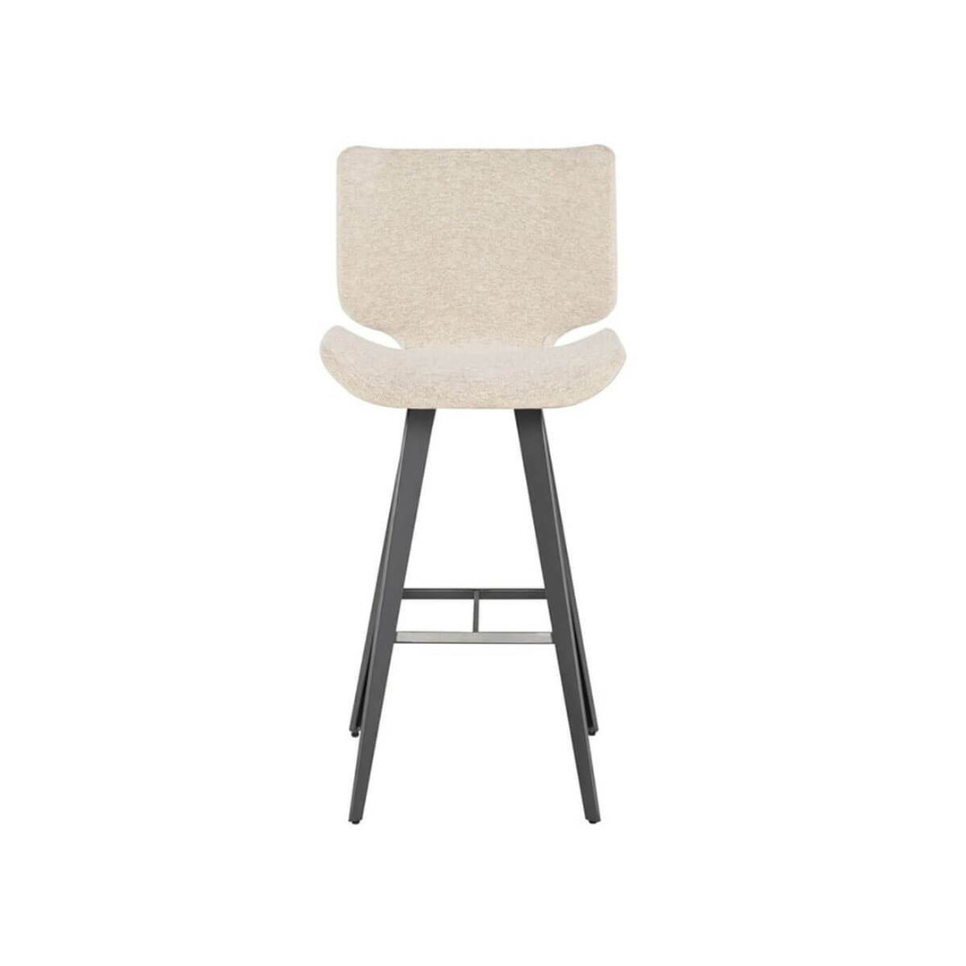 The Lethbridge Bar Stool is upholstered in boucle fabric, has titanium steel legs and a footrest.