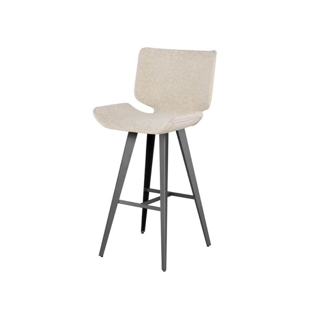 Modern barstool with a large seat upholstered in boucle fabric, titanium steel legs, and a footrest.