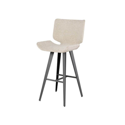 Modern barstool with a large seat upholstered in boucle fabric, titanium steel legs, and a footrest.