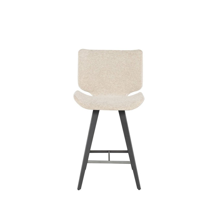 The Lethbridge Counter Stool is upholstered in boucle fabric, has titanium steel legs and a footrest.